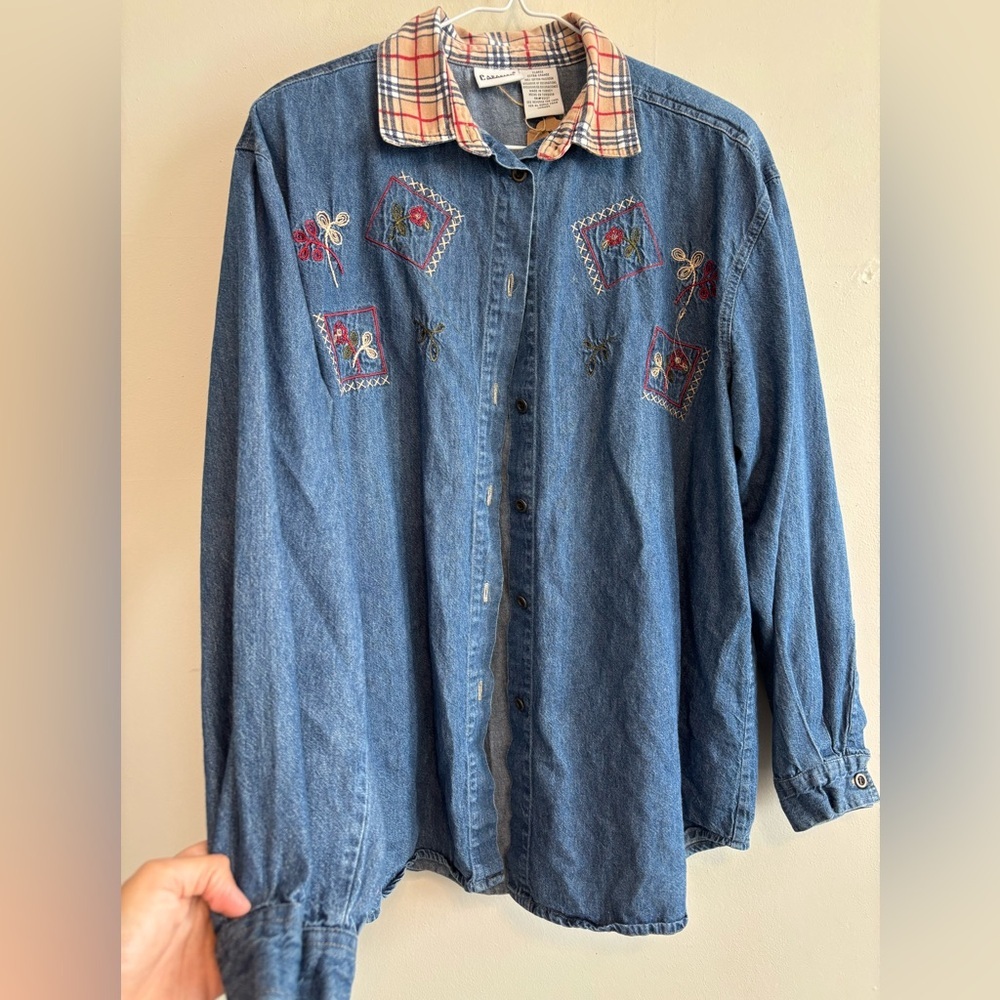 Vintage Floral Embroidered Button Up Gingham Grannycore Long Sleeve Denim Top XL